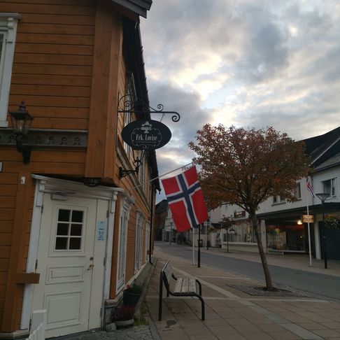 Frk. Lovise kafé lokale som er et gult hus på hørnet i en gate med historisk preg, et norske flagg som henger på lokalet og et tre som er plantet på fortauet 