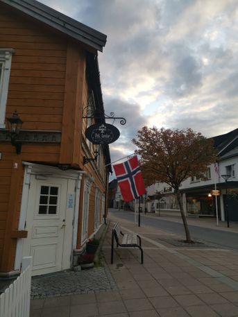 Frk. Lovise kafé lokale som er et gult hus på hørnet i en gate med historisk preg, et norske flagg som henger på lokalet og et tre som er plantet på fortauet 